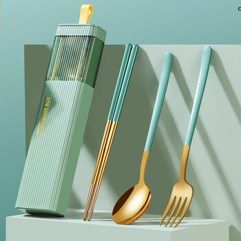 Yupinjia chopsticks three-piece set 304 stainless steel chopsticks portable box single portable tableware chopsticks spoon and fork three-piece set adult portable tableware fruit green