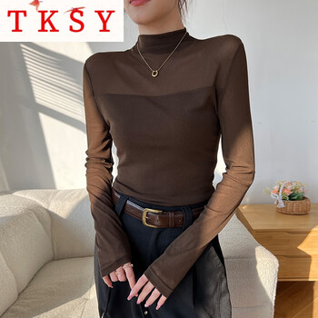 Tksy small half turtleneck mesh black bottoming shirt women's fashion long-sleeved t-shirt 2025 new thin top style coffee color l