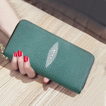 Sephoron new year zipper wallet long trendy pearl fish skin pattern multi-card slot wallet cowhide zipper clutch army green
