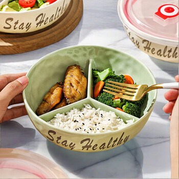 Muziqiu divided lunch box for office workers, canteen, microwaveable, adult lunch box lunch box, three-compartment separated dinner plate, with lid - milk green (english letters), 1 layer, 900ml, special-shaped three-compartment ceramic bowl
