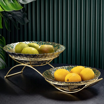 Genasi fruit plate living room household glass fruit plate creative light luxury high-end candy snack plate european coffee table ornament emerald large + small + double-layer fruit plate rack