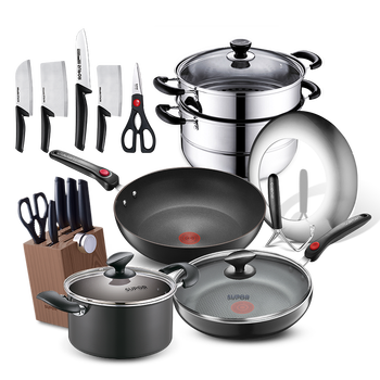 Supor pot set, red dot wok, frying pan, soup pot, steamer, knife set, non-stick pan set, kitchen utensil set, 11-piece set, no pressure cooker