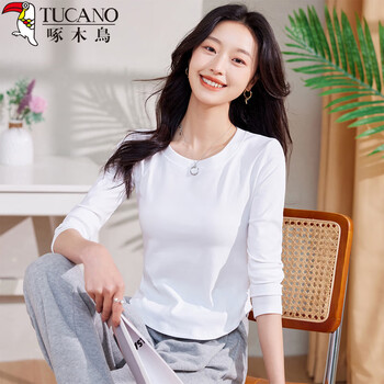 Woodpecker long-sleeved t-shirt bottoming shirt for women spring and autumn right shoulder round neck inner slim fit casual versatile top white l