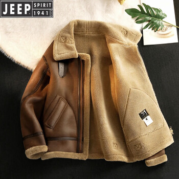 Jeep spirit retro fur all-in-one plus velvet leather jacket for men and women in autumn and winter lapel sherpa cotton coat thickened motorcycle leather jacket dark brown there is a slight color difference in the pixels (please mind when shooting) order by weight xl 140-160 catties