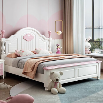 Oka star solid wood children's bed girl's bedroom pink princess bed 1.5 meters modern simple american small apartment girls bed bed + 20cm latex spring mattress 1.5*2 meters