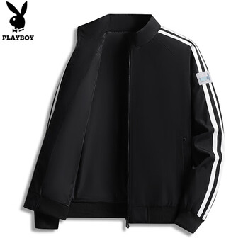 Playboy 2025 spring and autumn jacket men's stand collar jacket casual sports outdoor trend three stripes single clothes men's clothes velvet thickened black xl