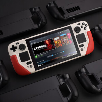 Marutu game handheld all-in-one shell, fully surrounded by hard shell, suitable for steam deck/oled/lcd protective cover, handle, grip, leather bracket, anti-fall and shock-resistant, precise hole position, white + red, protective shell (steam) free film + cap