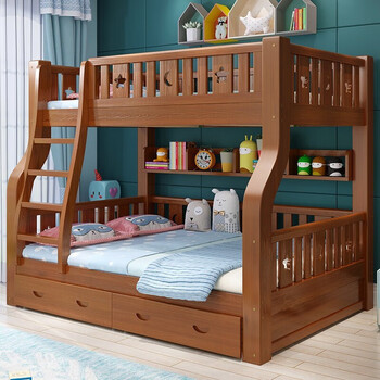 Linzhi all solid wood double-layer bunk bed, multi-functional high and low bed, two-layer bunk wooden bed, adult double child's bunk bed, ladder type, upper bunk width 1.0 meters, bottom bunk width 1.2 meters