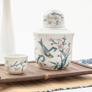 Jin lanyu bone china wine-splitting ceramic old-fashioned rice wine warmer wine pot set warmer pot household chinese half-catty wine qingque's joy-half-catty wine warmer + 1 wine glass