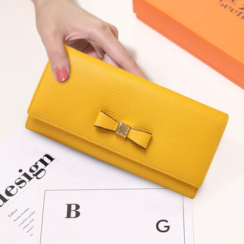 Sephoron 2026 new fashion bow genuine leather long wallet yellow small handbag soft cowhide wallet for mobile phone wallet lemon yellow