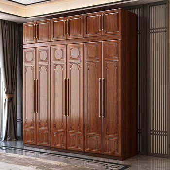 Hengyun wardrobe chinese golden rosewood wardrobe bedroom home storage cabinet modern simple top cabinet side cabinet solid wood wardrobe six doors + top cabinet walnut