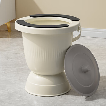 Wooden ding spittoon plastic thickened children's adult urine bucket portable toilet chamber pot pregnant women urine pot urinal with lid large spittoon high style (cream white) with ring and cushion