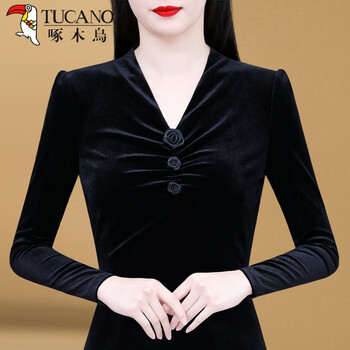 Woodpecker western-style shirt for women 2025 new autumn and winter temperament plus velvet bottoming shirt long-sleeved with slim gold velvet top for women black thin section 4xl