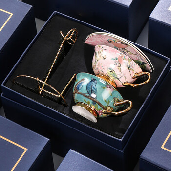 Xin decoration garden coffee cup gift box high-end bone china cup set ceramic cup and saucer british afternoon tea cup birthday gift flower tea cup shuangshuangfei (2 cups and saucers with shelf) dark blue box xin decoration garden