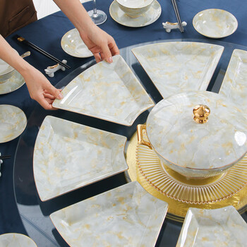 Ruijiu reunion new year's eve dinner platter tableware set household round table fan-shaped european bone china dishes as a housewarming gift yunjuan yunshu round table platter tableware set 60 pieces
