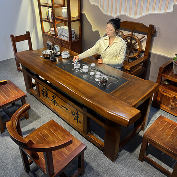 Old ship wood tea table and chair combination home living room solid wood coffee table set office tea table integrated kettle table 1.6 meter table + 4 back chairs 1 rudder chair