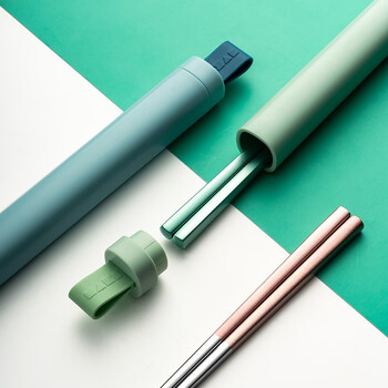 Durable portable chopsticks set for one person 304 stainless steel chopstick storage box portable tableware for one person when traveling, green (chopsticks + portable box)