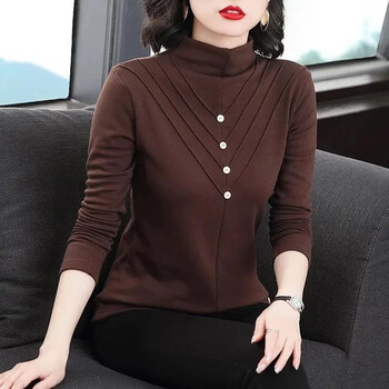 Oudiman half turtleneck plus velvet thickened bottoming shirt for women, double-sided german velvet inner and outer wear, middle-aged versatile long-sleeved slim top, trendy brown c313 l 100-115 catties