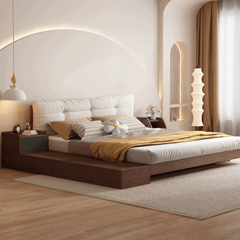 Secret floating bed tatami wabi-sabi style simple 1 meter 8 double soft package storage bed tatami bed floor-standing japanese style walnut color bed + bedside + 1 bedside table + mattress 1500mm*2000mm frame structure