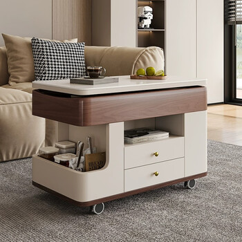 Menglong 2025 new movable coffee table trolley small apartment living room multi-functional storage lifting rock slab sofa side table movable rock slab side table multi-functional model
