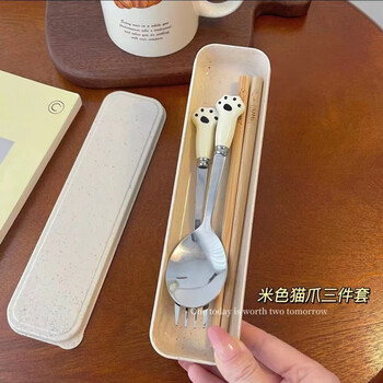 Yunmian ins cat claw spoon fork wooden chopsticks three-piece set cute portable tableware storage box for students and children to eat #spoon+fork gift box ins rice cat claw wheat box
