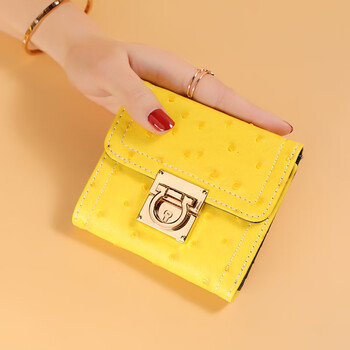 Sephoron 2026 new genuine leather short folding small wallet women's fashion ostrich pattern high-quality cowhide tri-fold wallet yellow dc5a561405