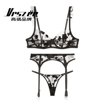 Vrszee high-end brand underwear female sexy thin embroidered lace bra set push-up bra temptation underwear bikini black three-piece set 80b