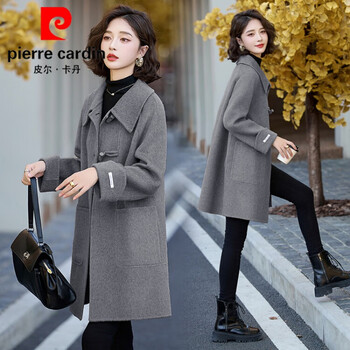 Pierre cardin double-sided cashmere coat women's mid-length korean style loose wool high-quality temperament 2025 winter new woolen coat gray m