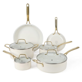 Martha stewart 10-piece ceramic nonstick cookware set, aluminum heavy base, gold handles, home kitchenware