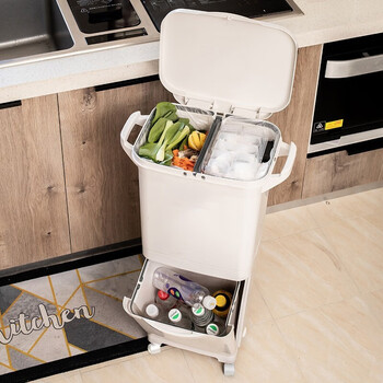 Home story (katei story) japanese kitchen trash can large dry and wet classification trash can with lid household double-layer trash can kitchen waste trash can uncovered off-white 38l double layer (with partition)