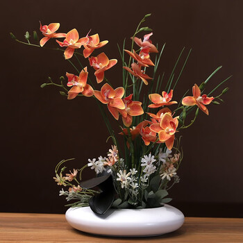 Phalaenopsis artificial flower potted flower arrangement set living room dining table hotel tabletop floral decoration floral ornaments white porcelain + orange flowers