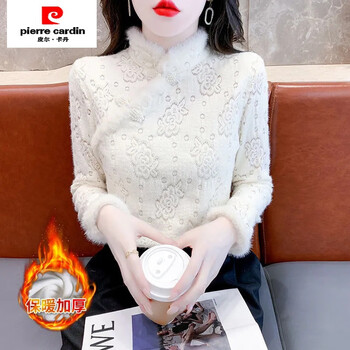 Pierre cardin 2024 new autumn and winter chic velvet lace bottoming shirt national style plate button beautiful chinese style top trendy 0241# apricot (full body) velvet m