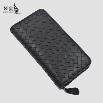 Kangaroo (kangaroo) chinese valentine's day genuine leather hand-woven long wallet sheepskin zipper wallet large capacity men's and women's handbags free shipping black