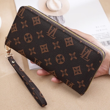 Kuqi kangaroo women's wallet women's long printed multifunctional zipper wallet new large capacity card holder wallet women's clutch dlw-52 brown