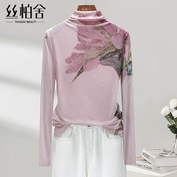 Sibaishe half turtle collar bottoming shirt 2026 spring new women's fit slim fashion printed long sleeve t-shirt pink l