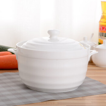 Zailou home double-eared ceramic soup nest with lid creative stew pot pure white large capacity rice soup bowl soup basin microwave oven 2200ml white thread style
