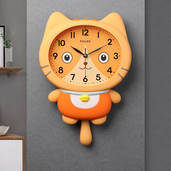 Qutong 2026 new cartoon creative wall clock without punching, living room home wall clock, bedroom clock, wall clock, simple orange cat touch paint