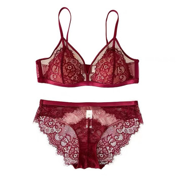 Tingmei (gracwell) french retro pure lust lace underwear for girls, comfortable and thin, no wires, small breasts, sexy triangle cup bra set, red set m (34/75abc)