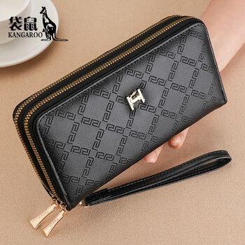 Kangaroo (kangaroo) women's wallet long double zipper mobile phone bag student wallet large capacity clutch bag soft coin purse black