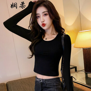 Xianrou bottoming shirt women's autumn and winter long-sleeved short top slim round neck spring and summer new high waist exposed navel inner t-shirt black exposed navel s