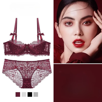 Xmxt authentic beautiful back lace thin small breast flat chest push up bra cup big breast zodiac year underwear set women red 75b