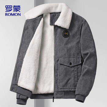 Romon jacket men's autumn business casual plus velvet thick warm corduroy executive top jacket men's fjp gray xl