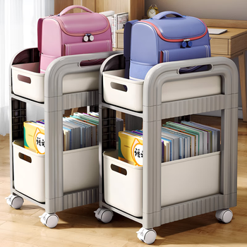 Kunfeng schoolbag storage rack movable under the desk household trolley bookshelf under the table to store bags and artifacts with pulleys gray-two layers basic model
