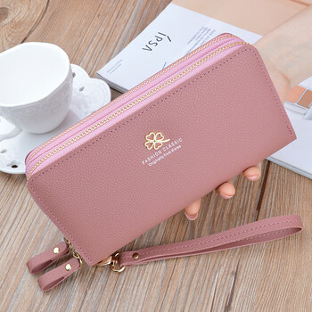 Fabric simple new style women's wallet women's long double zipper clutch bag fashionable lychee pattern large capacity double layer wallet mobile phone bag pink