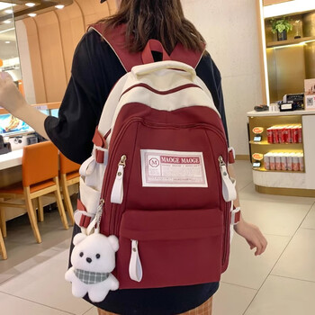 Rui chao schoolbag female college student large capacity high school junior high school student backpack korean version campus high school student high-value backpack red green scarf bear