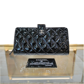 Second-hand 99 new chanel chanel black gold women's long and short wallet wallet clutch card holder women's bag 97 new chanel/chanel black silver patent leather rhombus long wallet