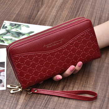 Shu guo er new women's wallet european and american long large capacity double zipper hand wallet burgundy #c421
