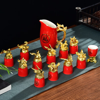 Dinner general white wine glass set chinese style twelve zodiac wine sets ceramic white wine glass wine divider high-end wine set white wine glass set chinese red-gift box