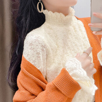 Kahtop 2025 new style autumn and winter style fashionable lace bottoming shirt for women with velvet warm undershirt dle apricot plus velvet m recommended 100-110 pounds