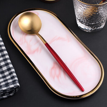 Kangzhirun 304 stainless steel spoon long handle household korean internet celebrity spoon creative dessert spoon cute round head spoon red gold main table spoon